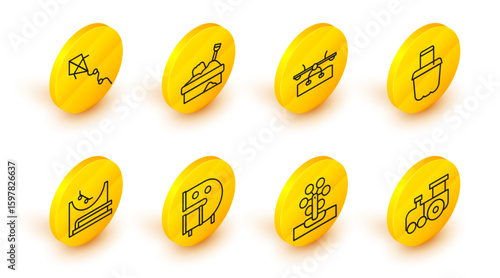 Set line Toy train, Ferris wheel, Kid playground slide pipe, Skate park, Sand bucket, Seesaw, Sandbox with sand and Kite icon. Vector