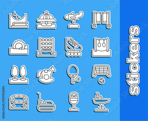 Set line Swing boat, Soccer goal with ball, Gymnastic rings, plane, Tic tac toe game, Ferris wheel, Skate park and Roller skate icon. Vector