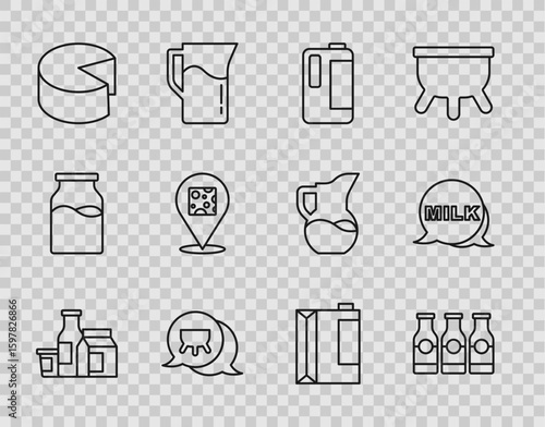 Set line Milk product, Bottle with milk, in plastic bottle, Udder, Cheese, Paper package for kefir and Lettering icon. Vector