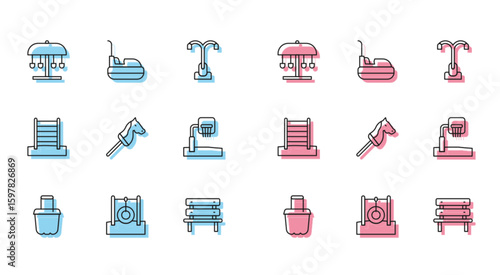 Set line Sand in bucket, Car tire hanging on rope, Attraction carousel, Bench, Toy horse, Basketball backboard, Swedish wall and Bumper icon. Vector