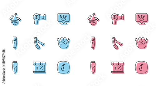 Set line Electric razor blade, Barbershop building, Oil for hair care treatment, Human follicle, Straight, Mustache and beard, Hair clipper and dryer icon. Vector