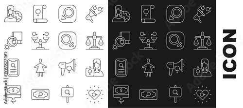 Set line Feminism, Feminist activist, Gender equality, Male gender, Book about women, Women from different countries and Female icon. Vector
