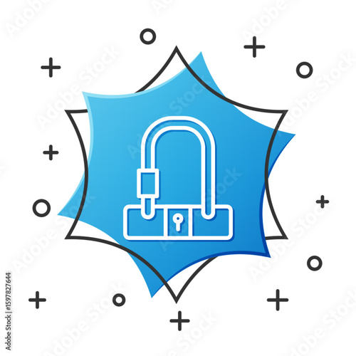 White line Bicycle lock U shaped industrial icon isolated on white background. Blue hexagon button. Vector