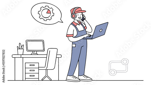 Technician with headphones using laptop and phone near desk with computer and gear icon thought bubble