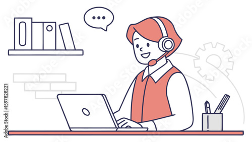 Illustration of a woman with headset working on a laptop with books and gears in the background design