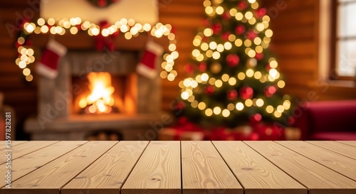 Wooden tabletop in front of a blurred Christmas scene with fireplace and tree.