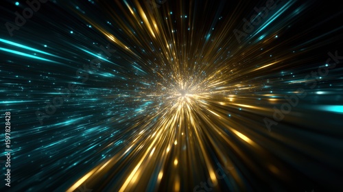 Luminous sci-fi tunnel with cyan gold energy core radiating velocity trails, cosmic stardust particles for digital interface and innovation visuals.

