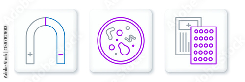 Set line Pills in blister pack, Magnet and Bacteria icon. Vector