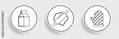 Set line Oven glove, Paper package for milk and Rolling pin icon. Vector
