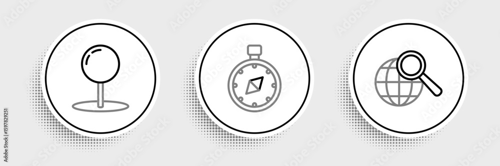 Fototapeta premium Set line Magnifying glass with globe, Push pin and Compass icon. Vector