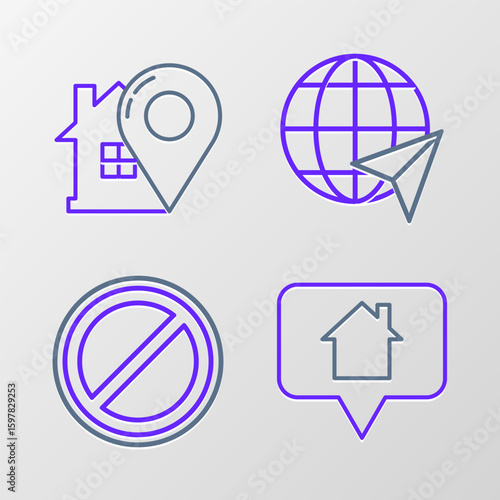 Set line Map pointer with house, Stop sign, Location on the globe and icon. Vector