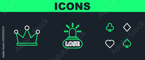 Set line Playing cards, Crown and Casino losing icon. Vector