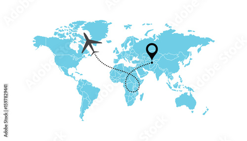 air plane flight route with start point and dash line trace. Various aircraft and destination location pins icons. Aircraft tracking, planes, travel, map