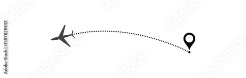 air plane flight route with start point and dash line trace. Various aircraft and destination location pins icons. Aircraft tracking, planes, travel, map