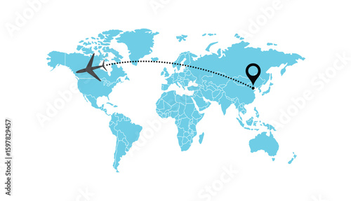 air plane flight route with start point and dash line trace. Various aircraft and destination location pins icons. Aircraft tracking, planes, travel, map
