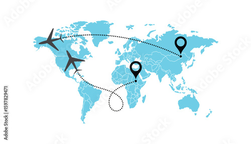 air plane flight route with start point and dash line trace. Various aircraft and destination location pins icons. Aircraft tracking, planes, travel, map