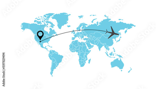 air plane flight route with start point and dash line trace. Various aircraft and destination location pins icons. Aircraft tracking, planes, travel, map