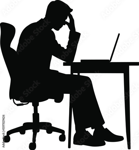 Stressed Office Worker Silhouette at Desk with Laptop Vector Illustration