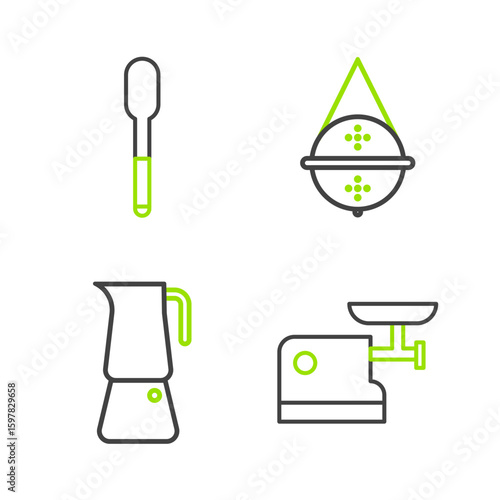 Set line Kitchen meat grinder, Moka pot, Ball tea strainer and Spoon icon. Vector
