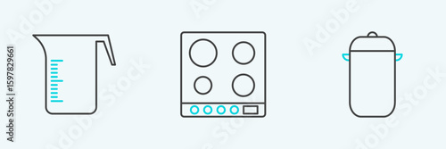 Set line Cooking pot, Measuring cup and Gas stove icon. Vector
