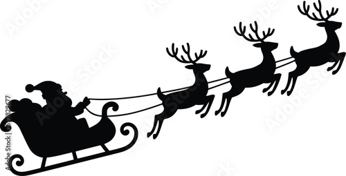 Santa Claus in Sleigh with Reindeer Silhouette Vector Illustration