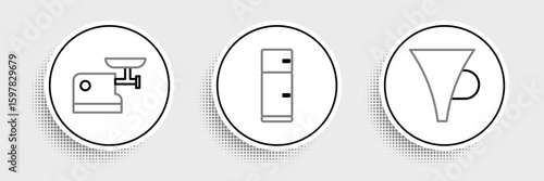 Set line Funnel or filter, Kitchen meat grinder and Refrigerator icon. Vector