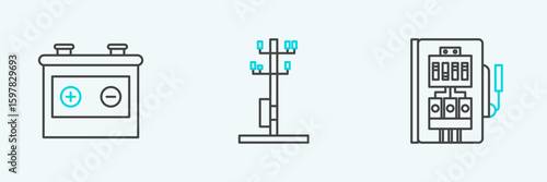 Set line Electrical panel, Car battery and High voltage power pole line icon. Vector