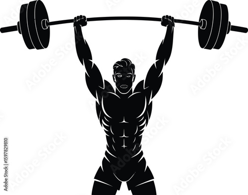 Silhouette of Strong Man Lifting Barbell Overhead Vector Illustration