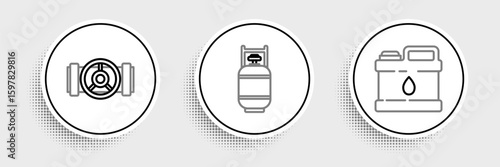 Set line Canister for motor machine oil, Industry metallic pipes and valve and Propane gas tank icon. Vector