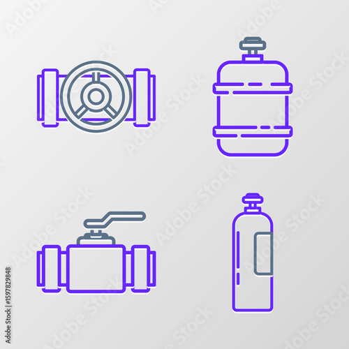 Set line Industrial gas cylinder tank, Industry metallic pipes and valve, Propane and icon. Vector