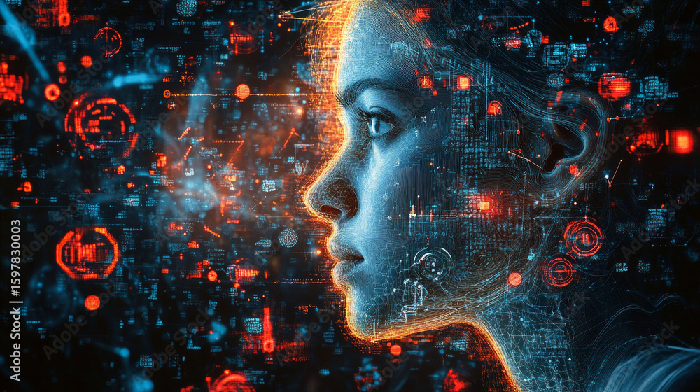 Abstract digital background with face image and technological elements, useful for presentations about technology and innovation. Abstract digital background with face image and technological elements, useful for presentations about technology and innovation.