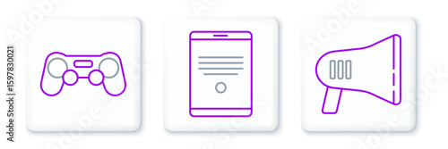 Set line Megaphone, Gamepad and Tablet icon. Vector
