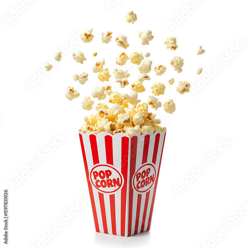 bucket of popcorn, Popcorn flying out of red white striped paper box isolated on white, transparent background, PNG, with copy space. Splash, levitation of popcorn grains., box of popcorn