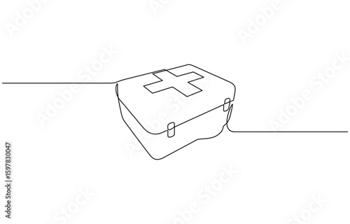 First Aid box one line continuous. First Aid box line art. Hand drawn vector art, Line art of first aid kit. One line drawing background. Vector illustration.
