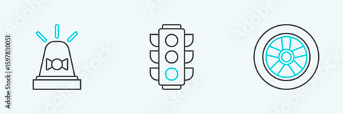 Set line Car wheel, Flasher siren and Traffic light icon. Vector