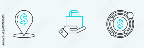Set line Target with dollar symbol, Cash location pin and Hand and paper shopping bag icon. Vector