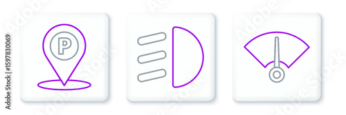 Set line Speedometer, Location with parking and High beam icon. Vector