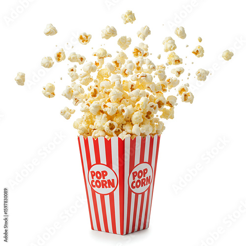 bucket of popcorn, Popcorn flying out of red white striped paper box isolated on white, transparent background, PNG, with copy space. Splash, levitation of popcorn grains., box of popcorn