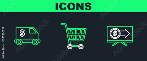 Set line Monitor with dollar, Armored truck and Shopping cart icon. Vector