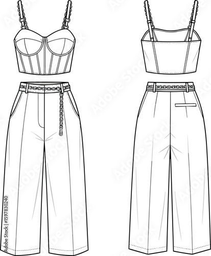 CAD drawing flat vector illustration of stylish women’s bustier crop top and wide leg pants front back technical fashion design