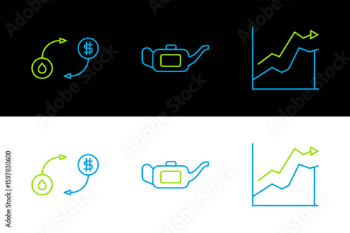 Set line Oil price increase, exchange and Canister for motor oil icon. Vector