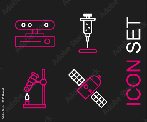 Set line Satellite, Test tube flask on fire, Syringe and Motion sensor icon. Vector