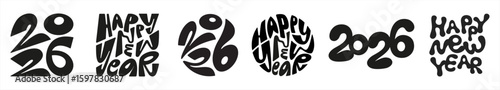 Happy New Year 2026 graffiti hand lettering set, typographic compositions. Bold distorted playful bubble rounded cartoonletters and numbers inscribed in a square circle shape. Modern hand drawn fonts