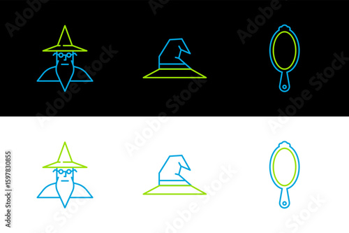 Set line Magic hand mirror, Wizard warlock and Witch hat icon. Vector