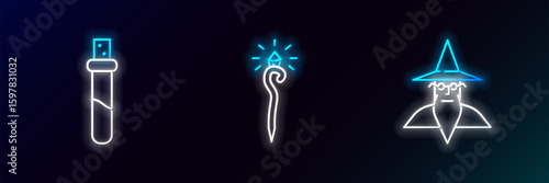 Set line Wizard warlock, Bottle with love potion and Magic staff icon. Glowing neon. Vector