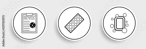 Set line Bar of soap, Clipboard with blood test results and Pills in blister pack icon. Vector
