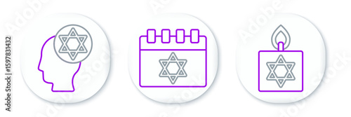 Set line Burning candle, Orthodox jewish hat and Jewish calendar icon. Vector