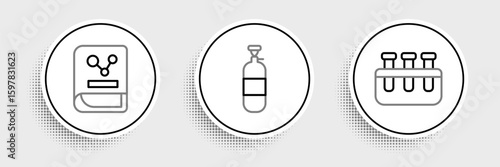 Set line Test tube and flask, Chemistry book and Propane gas tank icon. Vector