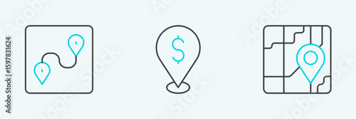 Set line City map navigation, Route location and Cash icon. Vector