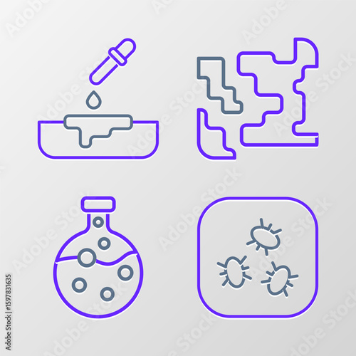 Set line Bacteria, Test tube and flask, Gaseous and Petri dish with pipette icon. Vector